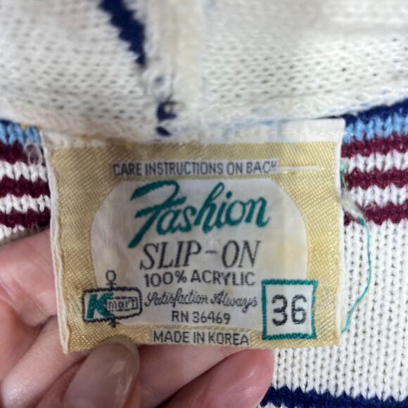 K Mart VTG 80s Sweater Acrylic Pullover Hooded Grunge Hippie Boho Multi Stripe S - Picture 6 of 7